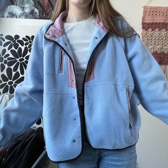 American Eagle Jacket Blue Sherpa Button Snap Mock Neck Zip Pocket - Picture 2 of 14